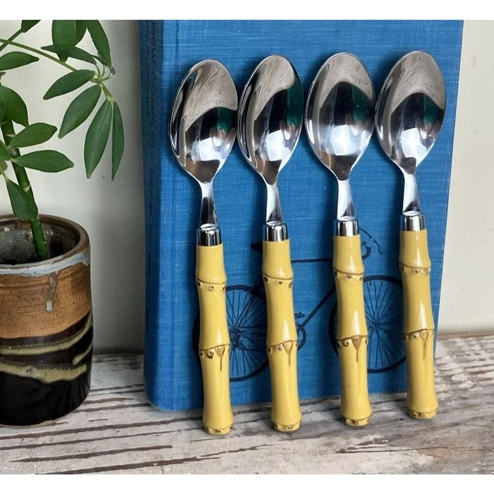 Vintage Faux Bamboo Soup Spoons (4) By Cambridge Hollywood Regency Style 7.5”